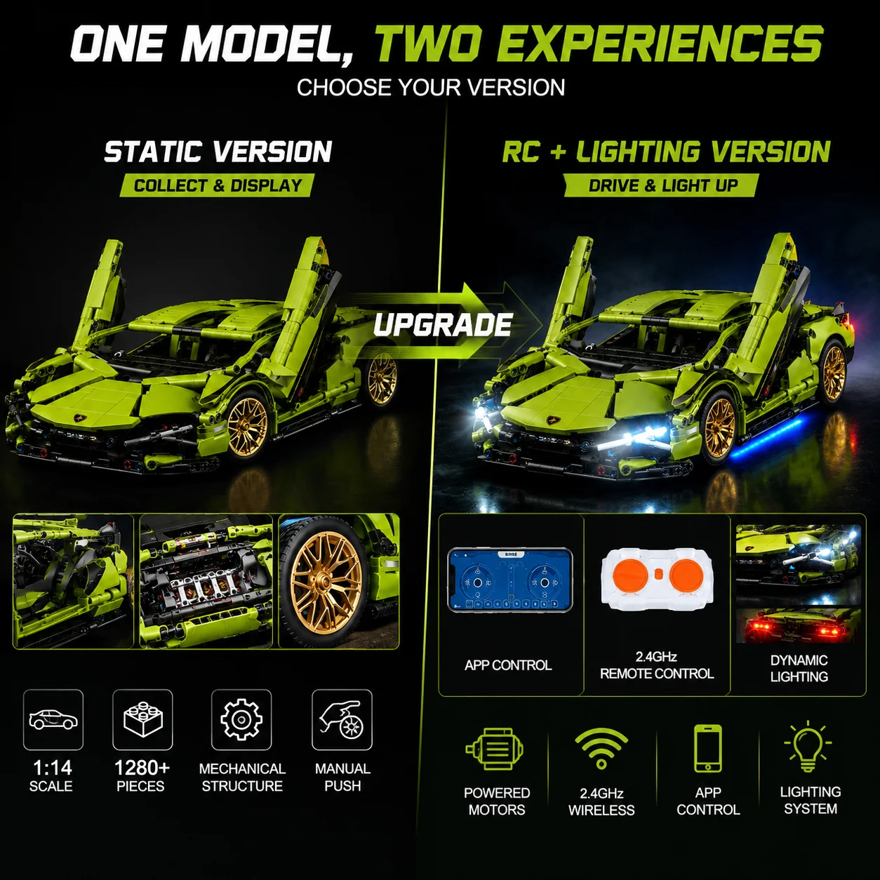 1280PCS 1:14 RC Supercar Building Blocks Dynamic Model Car Remote Control Racing Vehicle with Lights Servo Motor Gift Toy - view 2