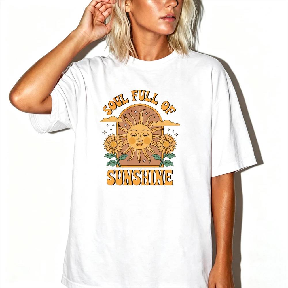 Soul Full of Sunshine Retro Sun Face Sunflower Vintage Graphic T-Shirt 70s Boho Positive Quote Print Crewneck Hippie Summer Tees