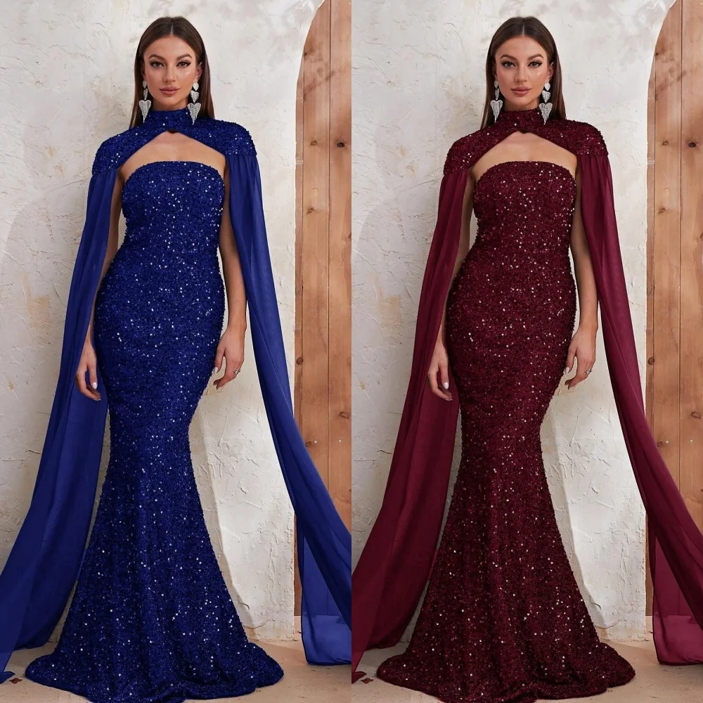 Sequin Draped Pleat Cocktail Party Mermaid High Collar Bespoke Occasion Gown Long Dresses