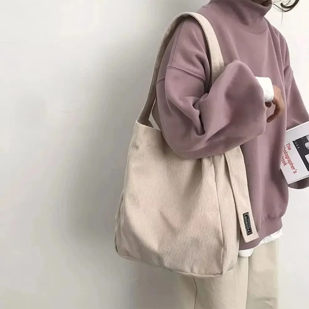 Fashion Women Corduroy Shoulder Bags Soft Handbags Tote Bags Girls Students Commuter Single Shoulder Large Capacity Bags