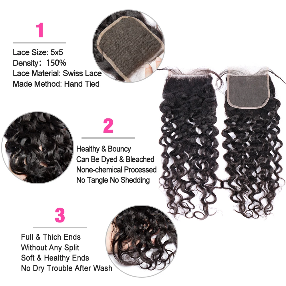 وصلات شعر بموجة مياه Megeen للنساء ، إغلاق دانتيل شفاف ، خط شعر طبيعي منتوف مسبقًا ، أسود 1B ، HD ، 4x4 ، 5x5 ، 6x6