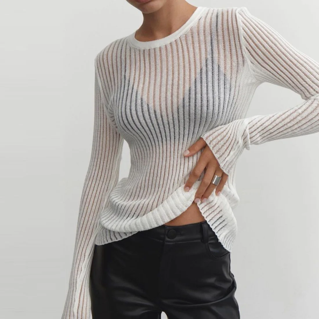 Women See Through Crew Neck Sheer Mesh Knitted Sweater Solid Basic Long Sleeve Loose Fit Knit Pullover Jumper Top