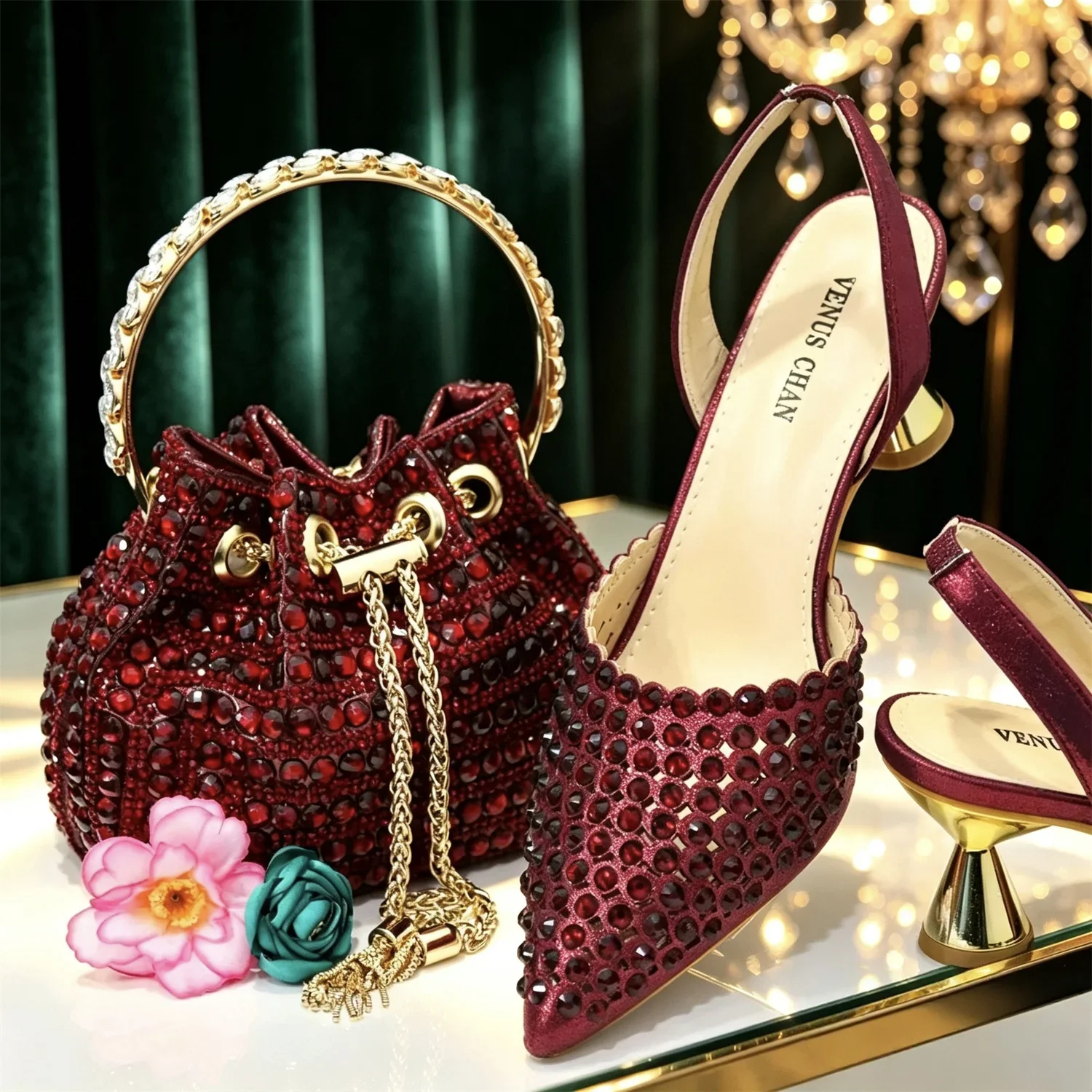 Shiny Gold Rhinestone Shoe & Bucket Bag Set | Pointed Crystal Heels, Womens Lux Wedding Eve Bridal Formal Prom Match Purse Kits