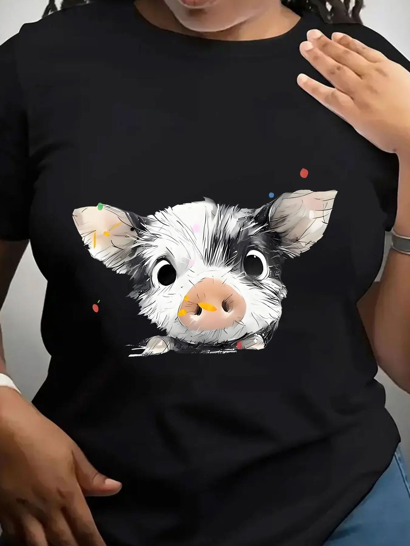 Women's Trendy Crew Neck T-Shirt Cute Pig Face Watercolor Art Print Suitable for Casual Sportswear