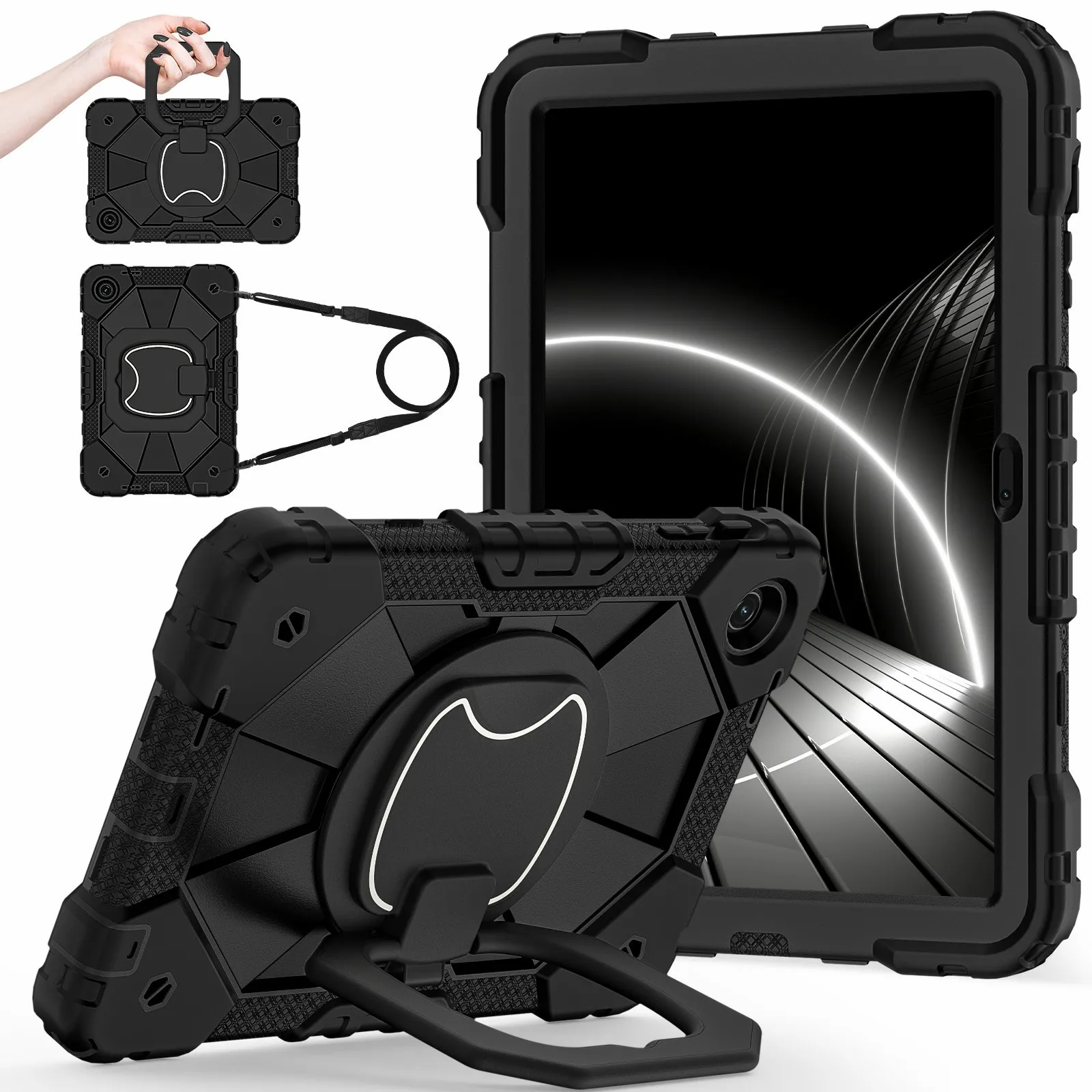 

For T-Mobile REVVL Tab 2 (2025) Case Silicone + PC Hand Grip Kickstand Tablet Cover with Shoulder Strap - Black / Black