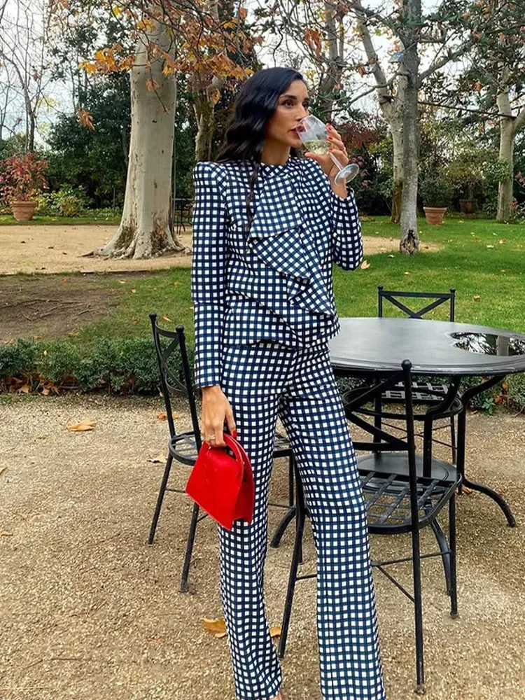 Blue Plaid Pad Shoulder Ruffles Long Sleeve Blouses 2piece Set Women Straight Leg Pants Suits 2025 New Spring Female Streetwear