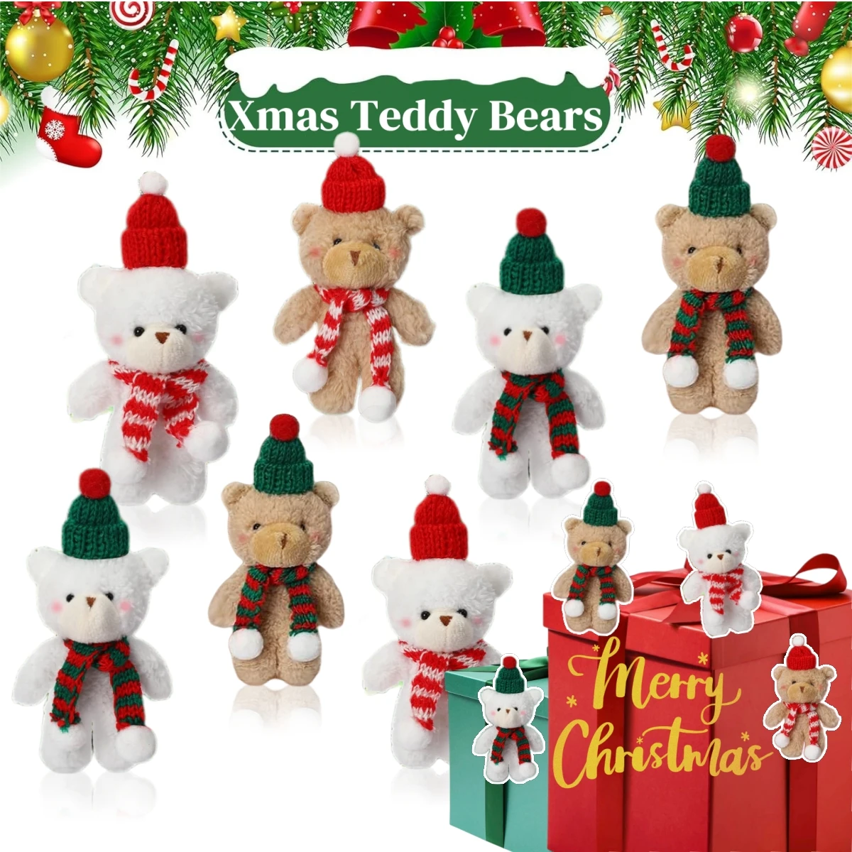 8-32Pcs Christmas Mini Teddy Bears Bulk Soft Bear Plush Dolls Stuffed Animal Toy Bear Doll Keychains Party Favor for Xmas Decor