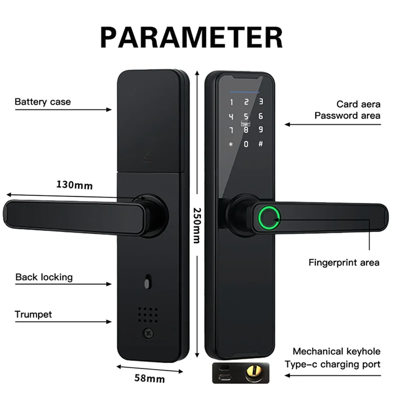 Tuya Wifi Digital Electronic Smart Door Lock With Biometric Fingerprint , Smart Card ,  Password , Key Unlock , USB Charge