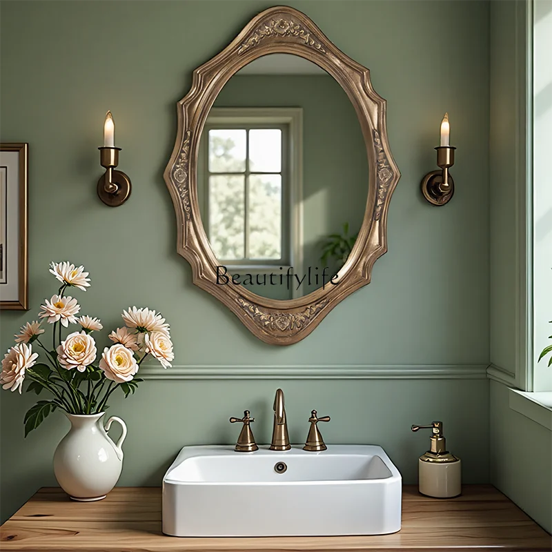 French retro bathroom light luxury wall hanging LED smart makeup mirror European entrance fireplace oval decorative mirror