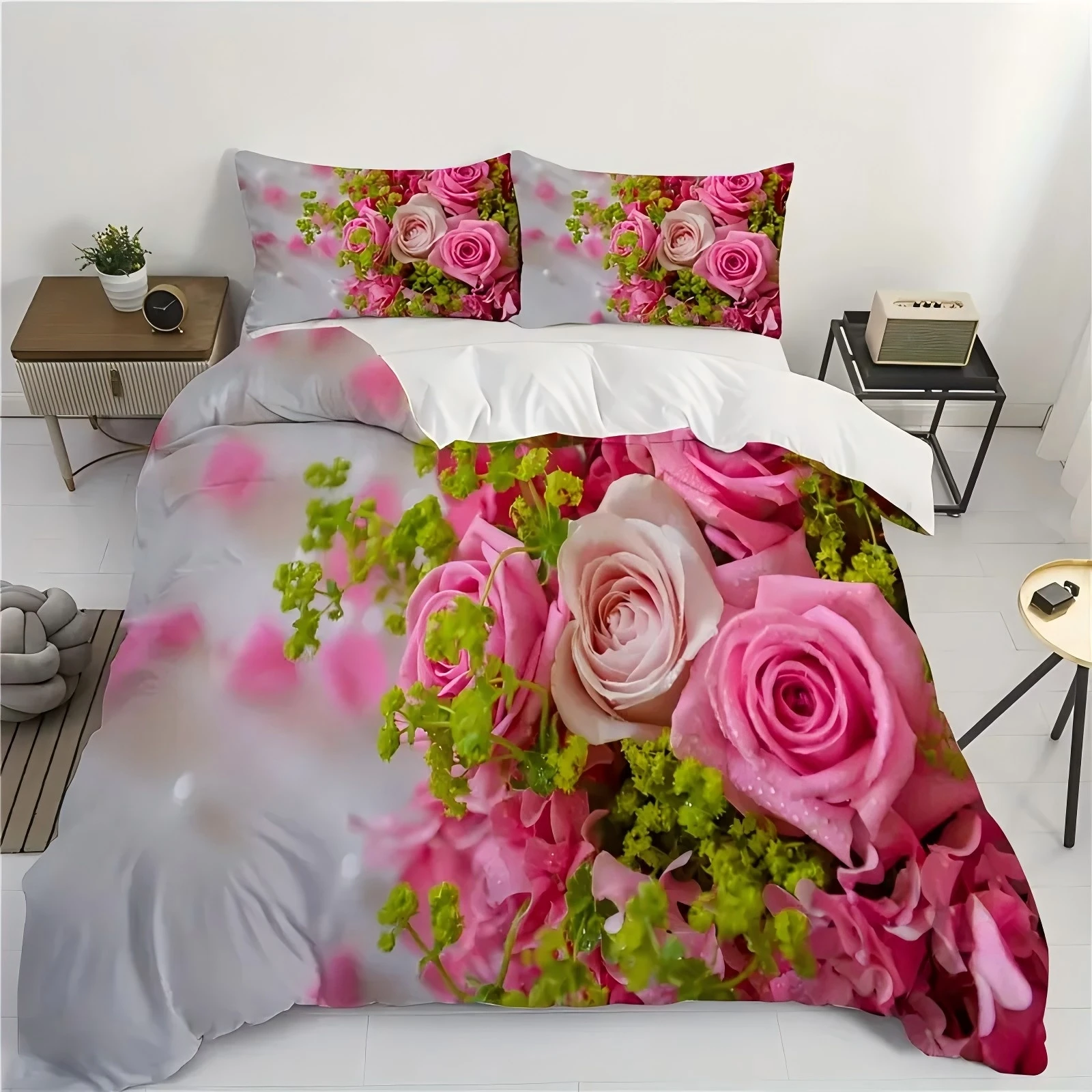 

Pink Rose 3D Printed Quilt Cover Elegant Romantic Love Garden Country Style Duvet Cover Soft Comfortable Bedding Set Pillowcases