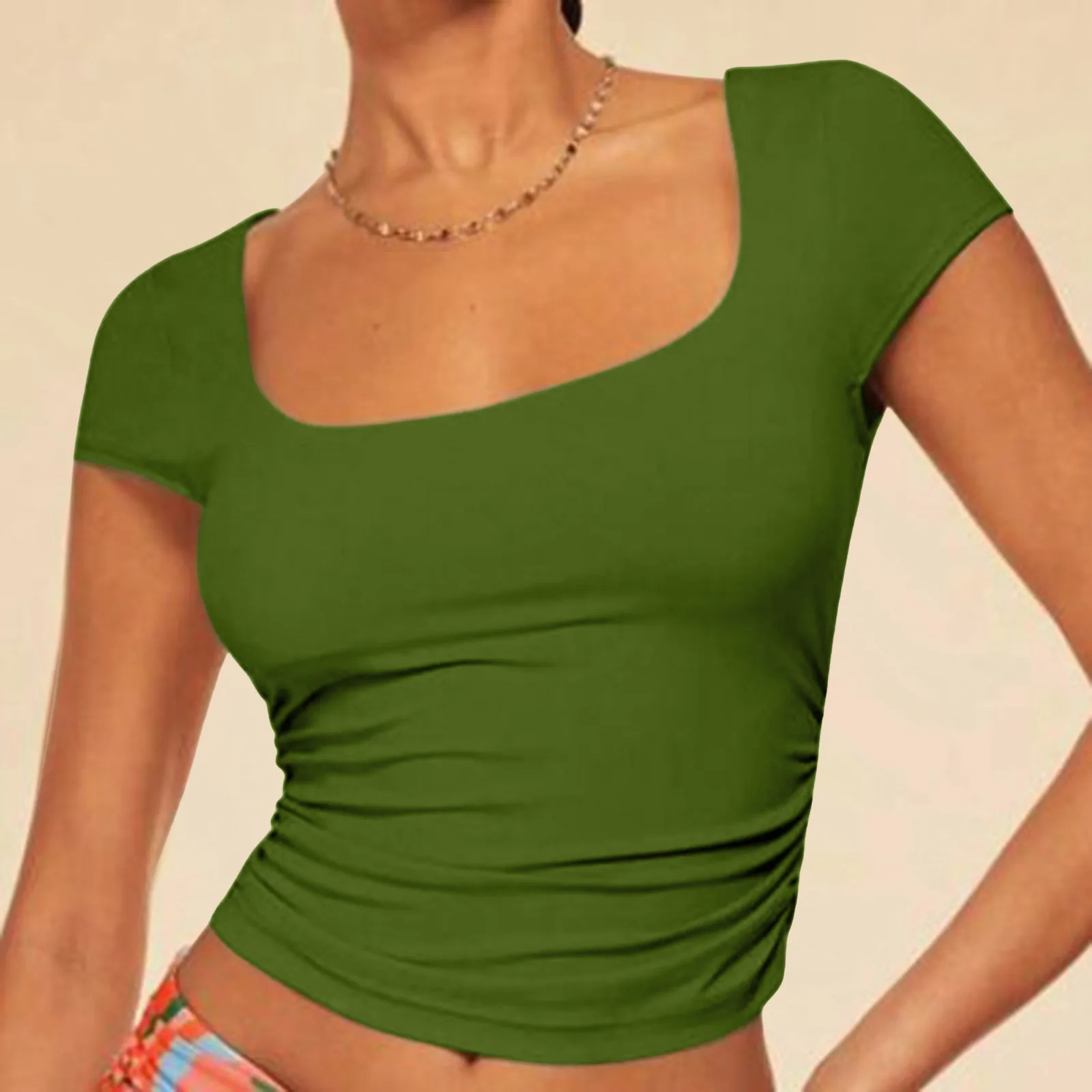 Women's T-shirt Ladies Short Sleeve Square Neck Basic Solid Color Slim Fit Tops Summer Tight Front Ruched Open Tummy Tops