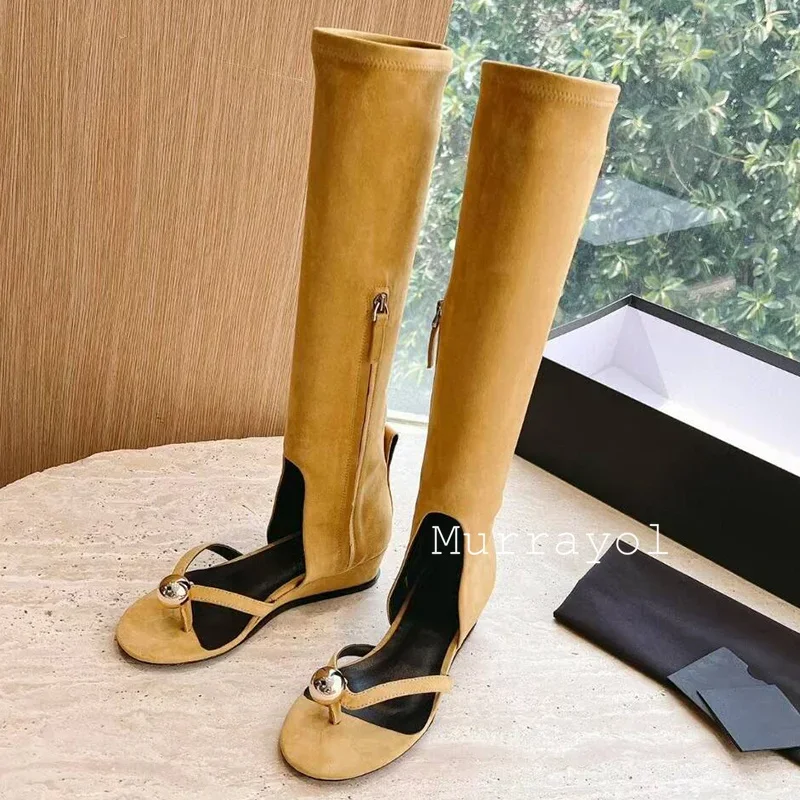 New Cow Suede Side Zipper Long Boots Women Pinch Toe Hollow Out Over-the-knee Boots Autumn Winter Metal Decor Modern Boots