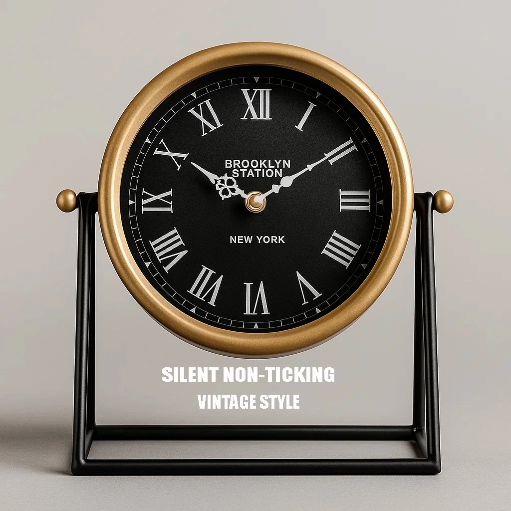 Silent Non-Ticking Vintage Table Clock, American Retro Desk Clock with Roman Numerals, Metal Frame for, Bedroom, Office Decro