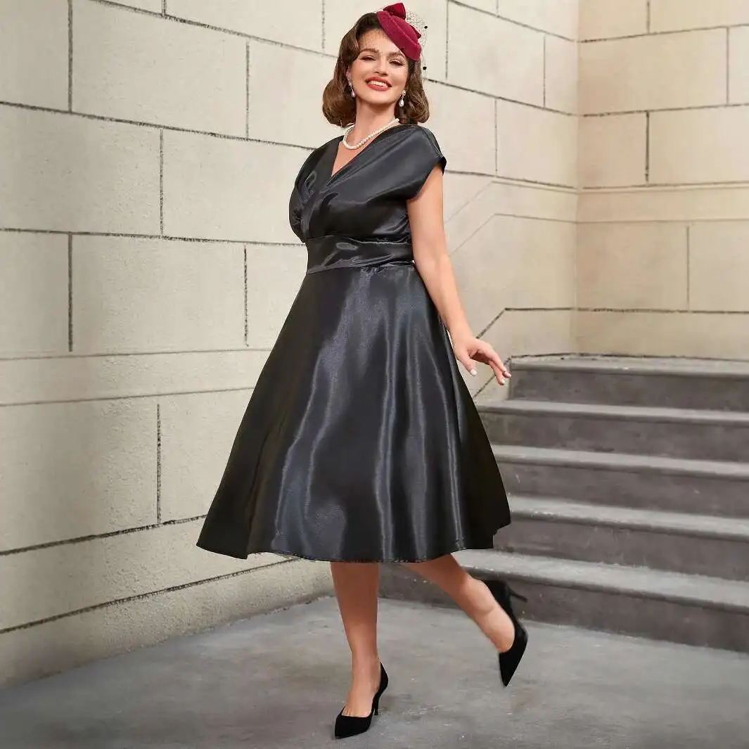 

Size Plus Black Satin Non-stretch Dress A-line Sleeveless V-neck Vintage Elegant Dress Party Dress Summer Elegantes Casual Y2k