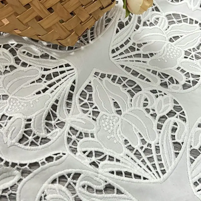 2M High density Tencel cotton embroidery lace fabric eyelect hole embroideried clothing for woman dress apparel with big flower