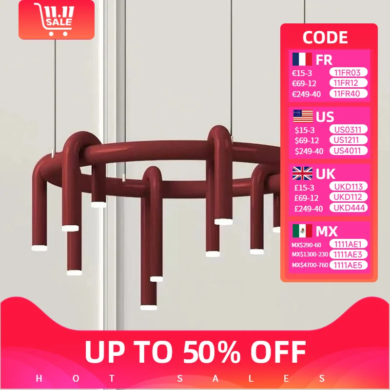 

U-shaped Round Chandelier Designer Living Room Restaurant Hanging Led Lights Fixtures Dark Red Black Metal Cord Adjustable Light