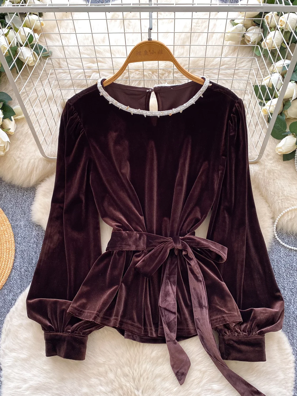 

Женский осенне-зимний топ Heavy Embellied Velvet irt с поясом для поездок на работу и завязкой на талии, свободный французский топ...