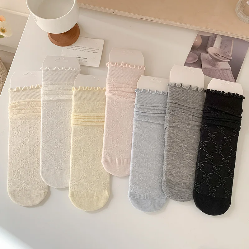 

7 Pairs Spring and Summer Thin Mesh Breathable Pure Cotton Pile Socks Ballet Style Black Fungus Lace Solid Color Mid Tube Socks