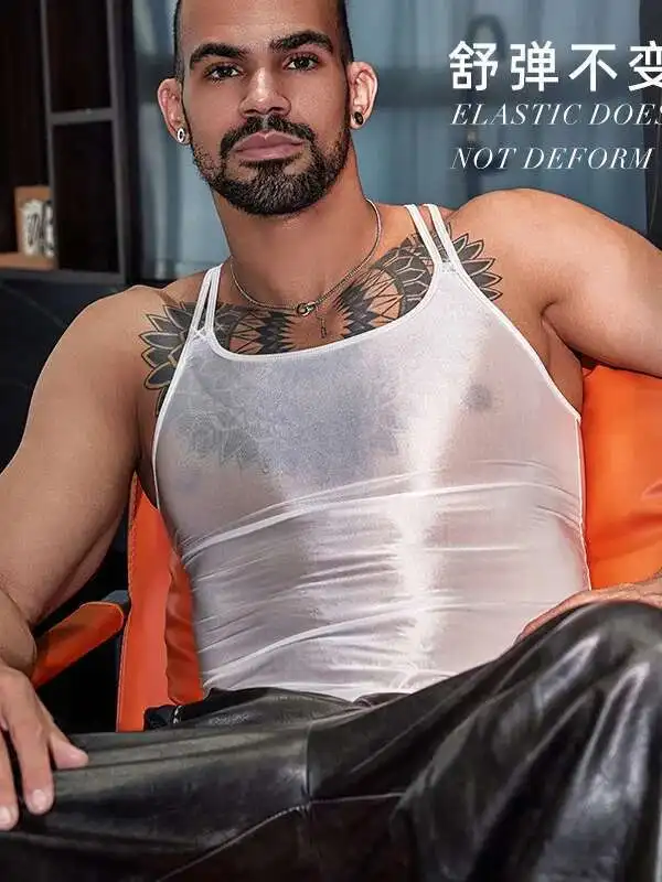 Sexy Visible Muscles Temptation Men's Sex Underwear Thin Transparent Hanging Neck Vent Suspenders Sleeveless Backless F2NN