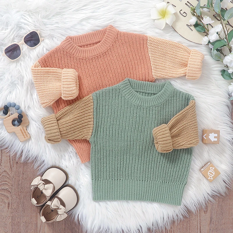 Toddler Baby Boys Girls Autumn Winter Knit Sweaters Long Sleeve Round Neck Contrast Color Knitwears Pullover Tops