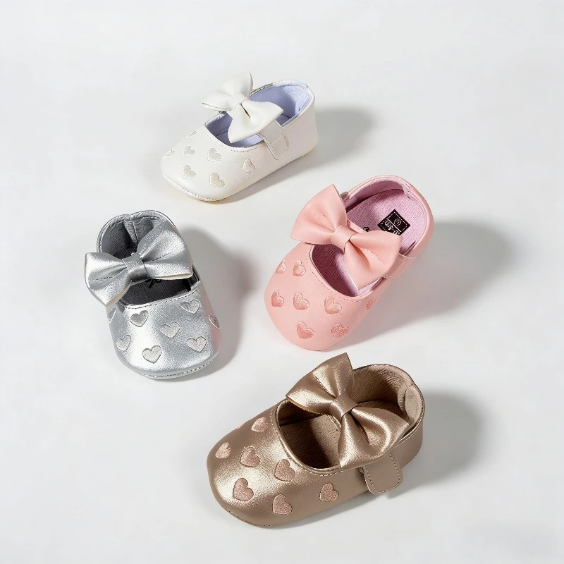 

Baby Girls Indoor First Walker Shoes 0-18 Months Soft Cotton Sole Non-Slip Bowknot Embroidery Hook & Loop Booties