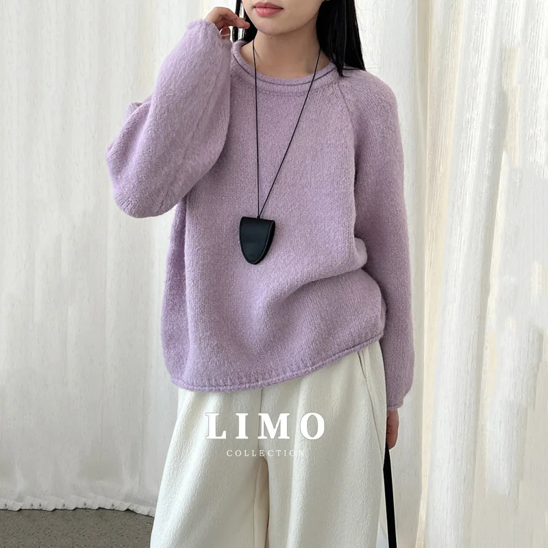 

LIMO корейский стиль милый круглый вырез с закрученными краями мягкий шерстяной свитер для женщин осенний новый вязаный топ в ленивом стиле