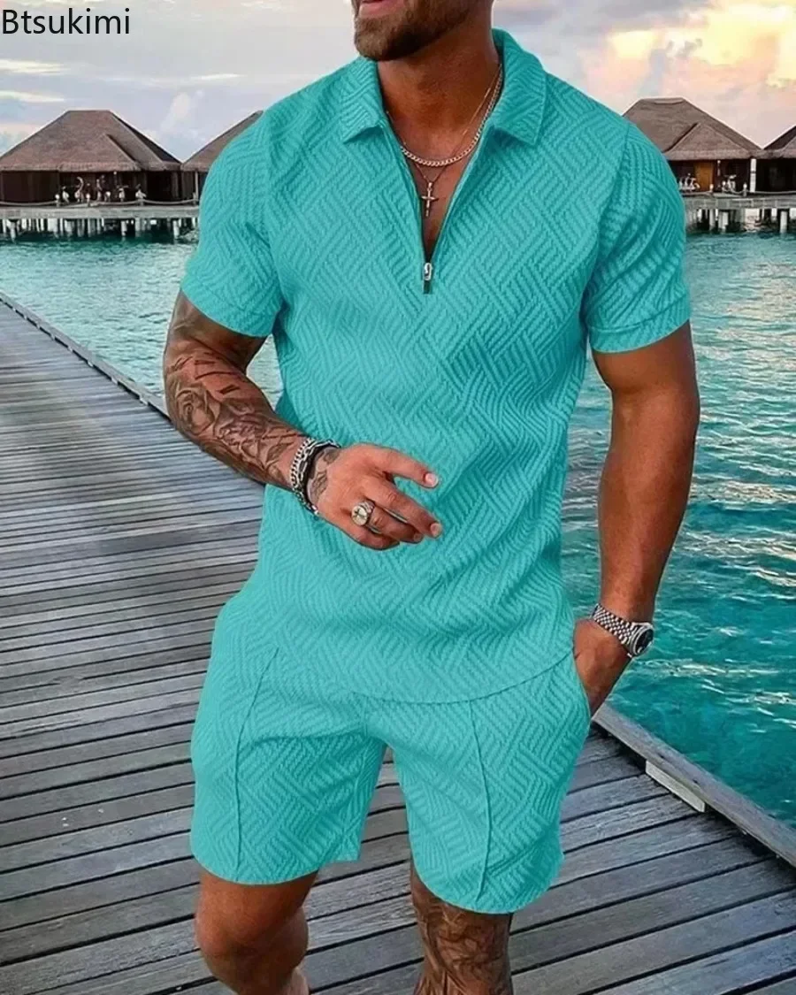 New Men's Short Sleeve Sets Summer Fashion Half Zip Polo Shirts+Shorts 2 Piece Sets 2024 Men Streetwear Tracksuit Casual Outfits