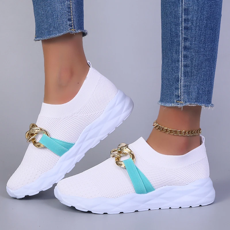 Breathable Knitting Flats Shoes for Women 2024 Autumn Fashion Chain Sports Shoes Woman Platform Slip on Socks Sneakers Plus Size