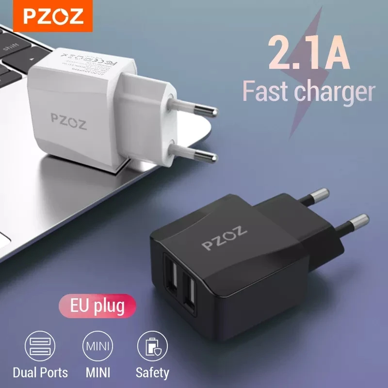 Pzoz-usb carregador para viagens, eu plug, 2a, adaptador de carregamento rápido, carregador portátil de parede dupla, cabo do telefone móvel para