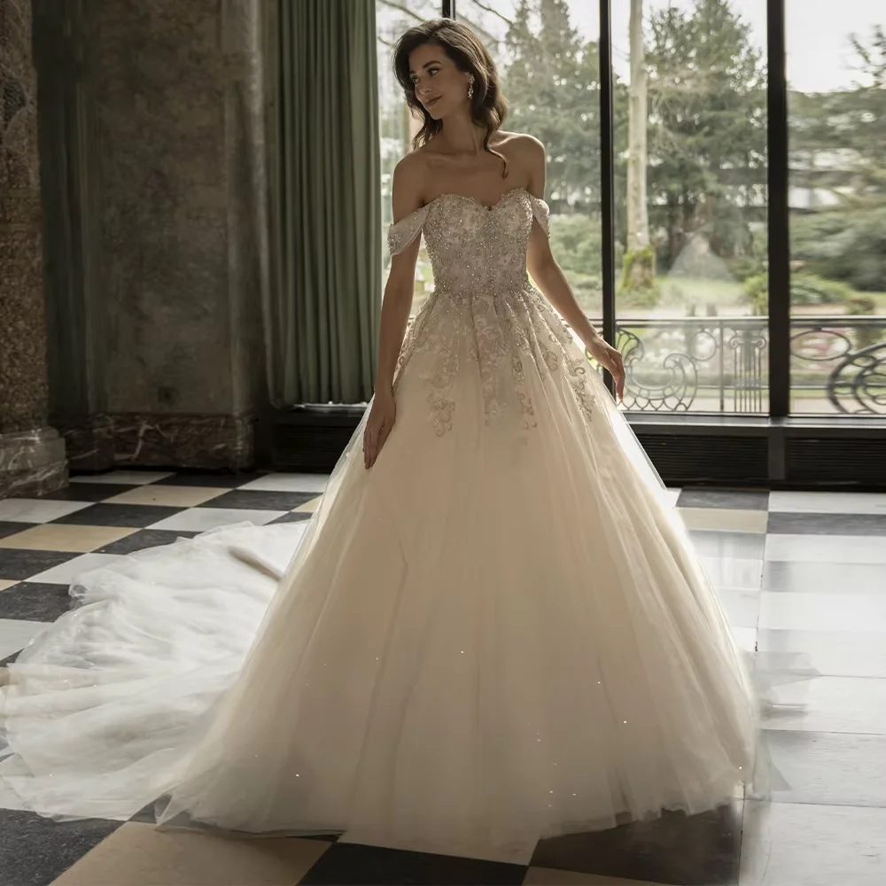 

Flavinke Customized Exquisite Beadings A Line Wedding Dresses For Woman Ball Gowns Bride Off Shoulder Lacing Up Vestidos Novias