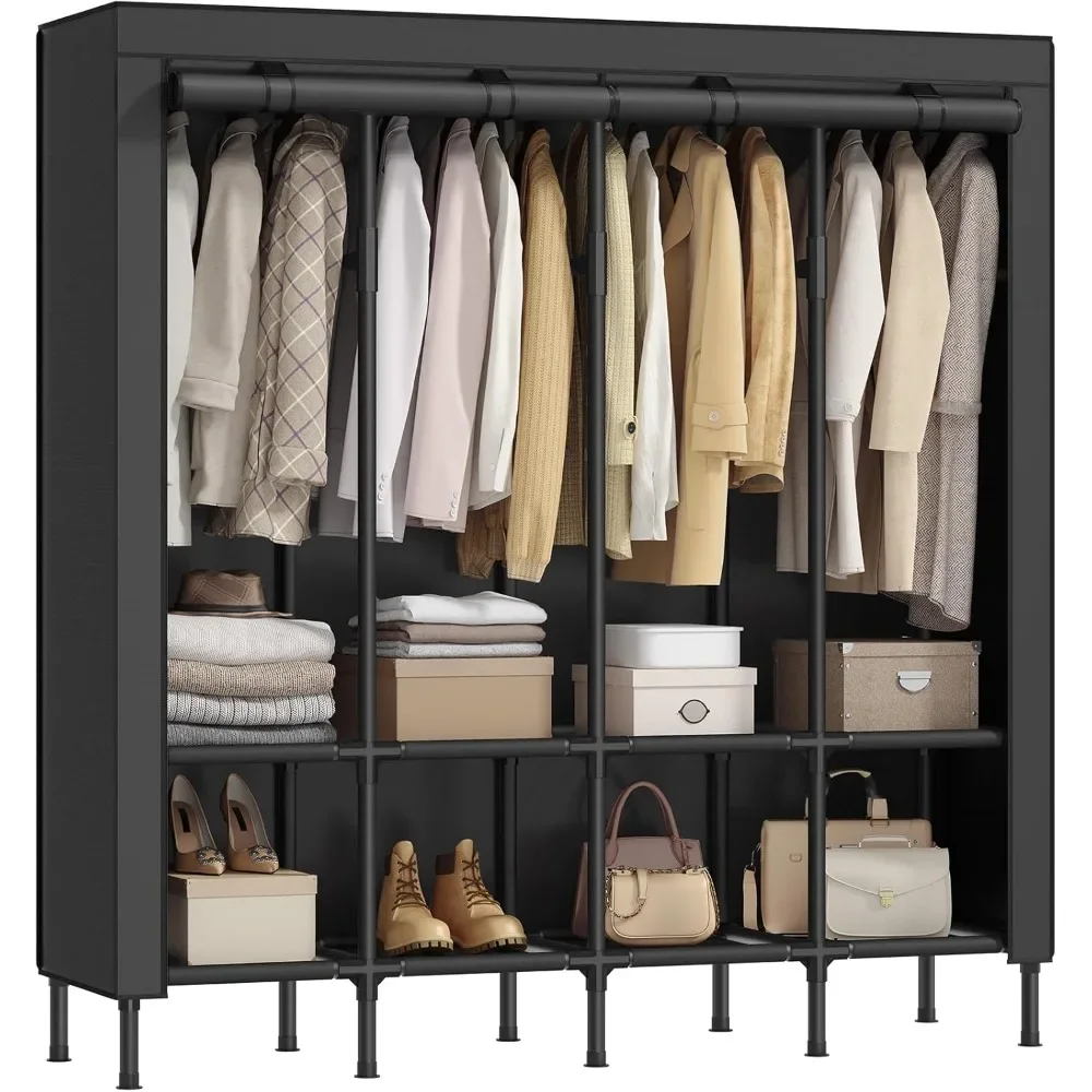 

Wardrobe, 67.3" high-capacity portable wardrobe, hanger, 25 mm diameter, clothes organizer with cloth cover, 4 rails, 8 shelves