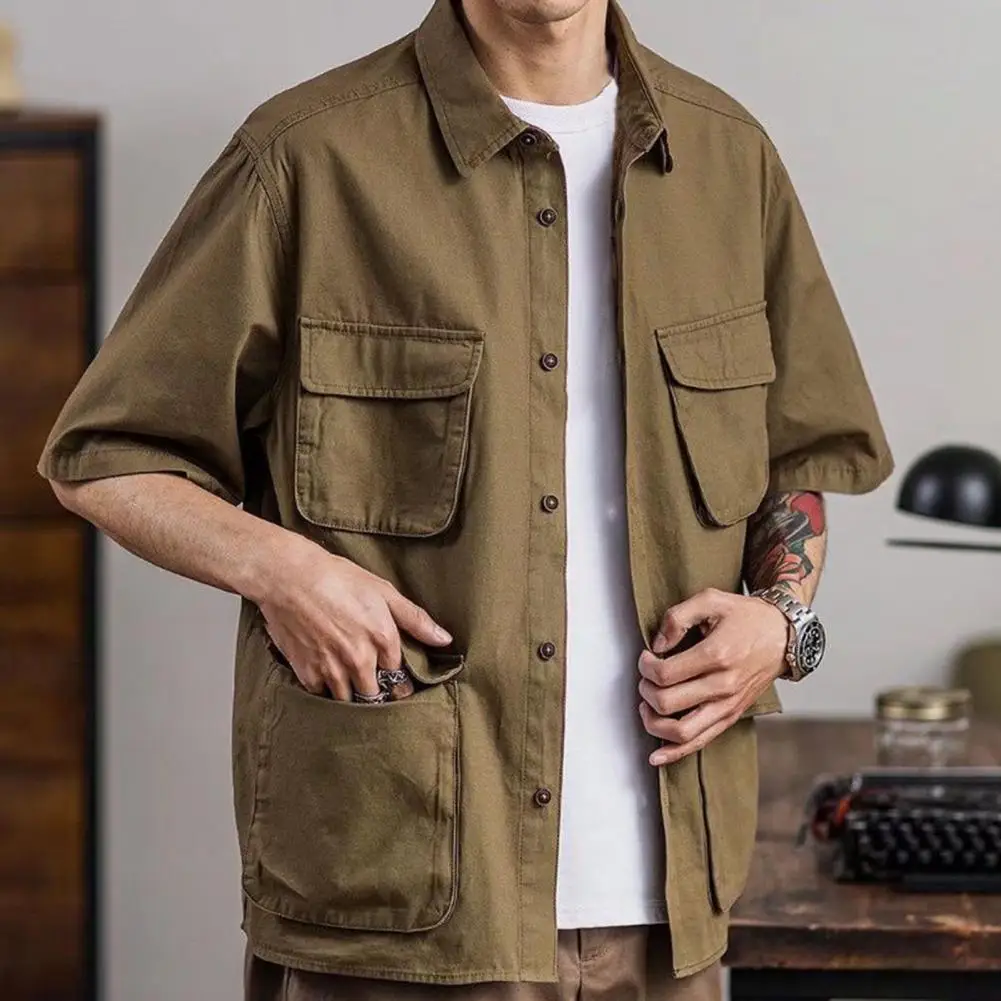 

Men Summer Shirt Solid Color Multiple Pockets Lapel Single-breasted Cardigan Keep Trendy Casual Breathable Men Shirt For Work
