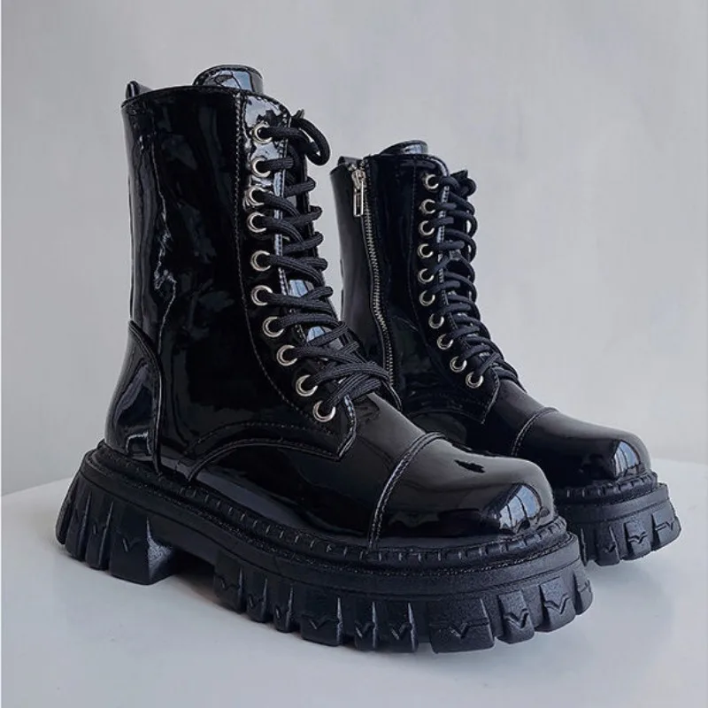 Krótkie buty dla kobiet buty bojowe buty w stylu punkowym wodoodporne damskie botki ze sznurowadłami New Rock Y2k