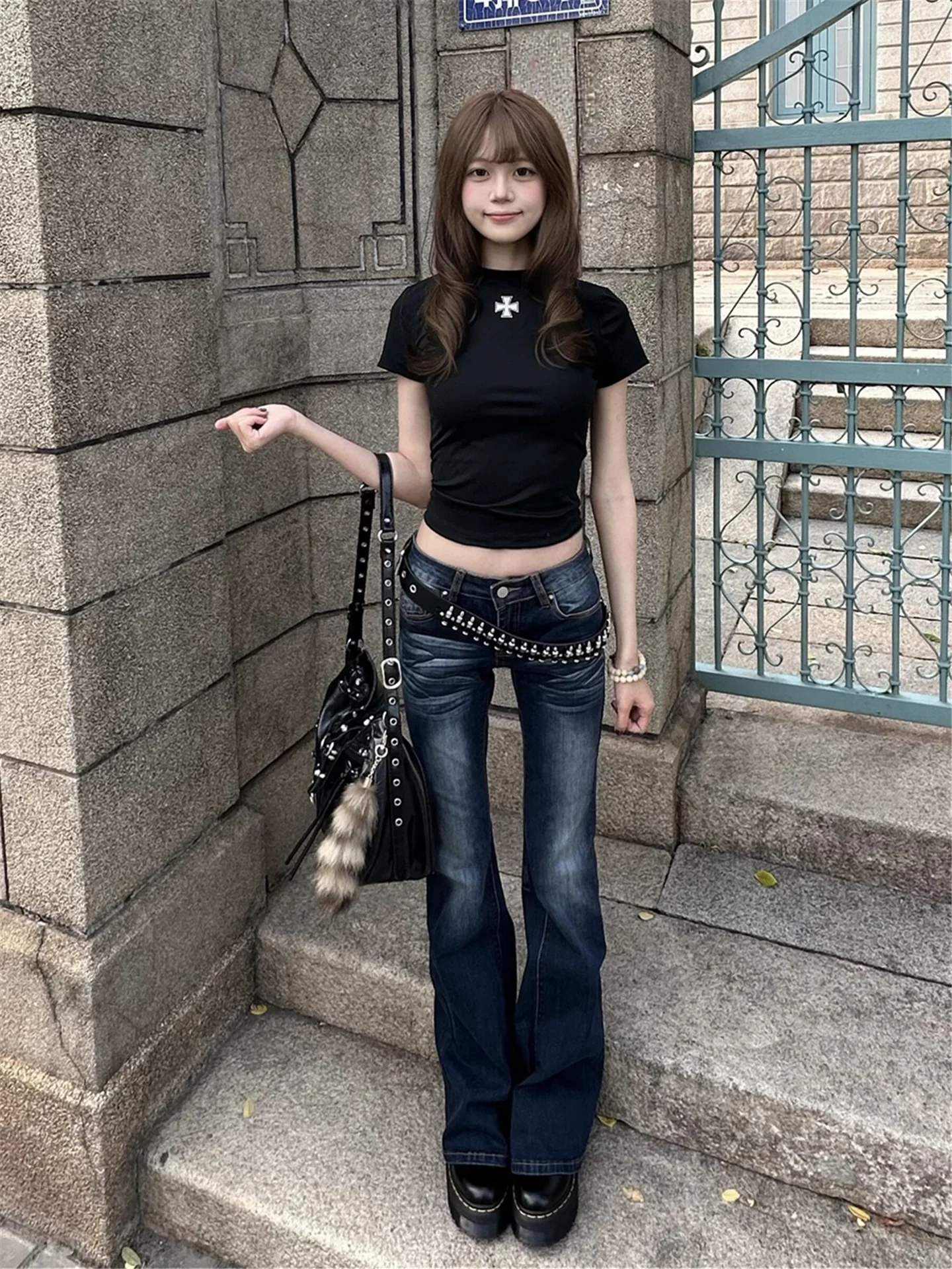 

Retro Blue Low Waist Bell Bottom Jeans Women's Slimming Washed out Trousers American Style Cotton Casual Summer Jeans