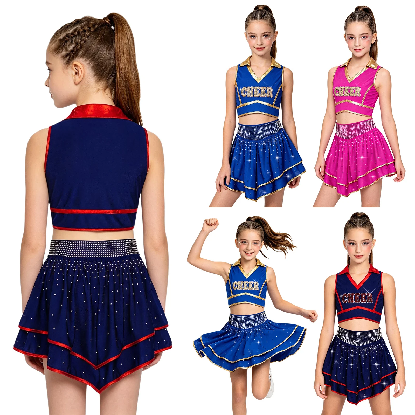 Cheerleader-Kostüm für Mädchen mit Metallic-Besatz, Strass-Cheerleading-Uniform, ärmelloses Crop-Top mit V-Ausschnitt und Rüschenrock – Detail 2