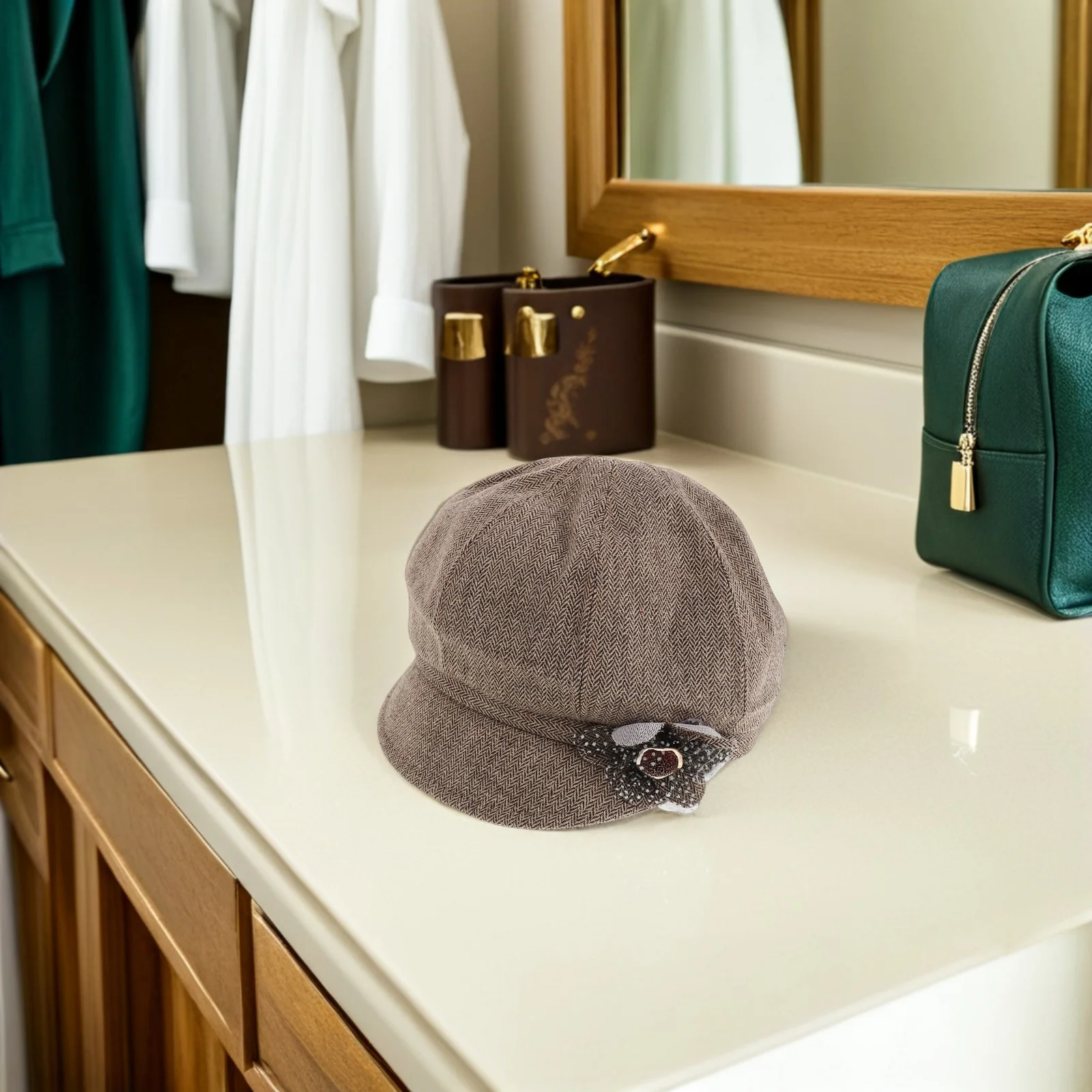 

Floral Accent Khaki Beret for Women Fashionable Vintage Beret Hat for Fall Spring Outdoor Travel Elegant Look Newsboy Cap Women