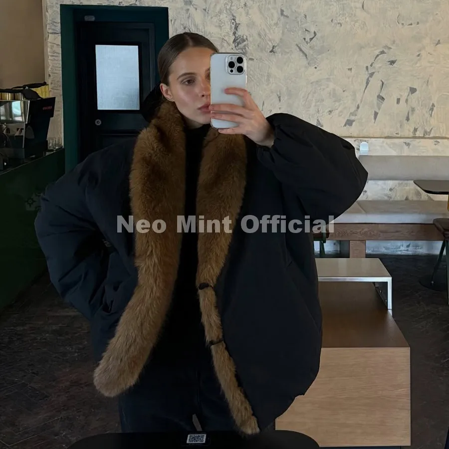Neo Mint Cozy Girls Oversized Shaggy Fur Trim Puffer Jacket Women Faux Fox Fur Shawl Collar Quilted Coat Winter Warm Outerwears