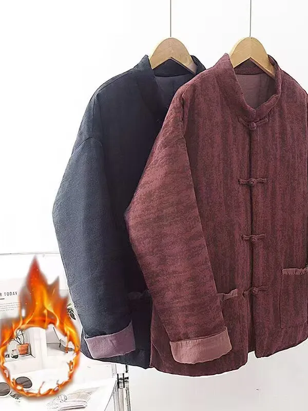 

Retro Chinese Sle ort Cotton Jaet Thiened Stand Collar Button Design Warm Winter Outerwear Women's Loose Fit Coat