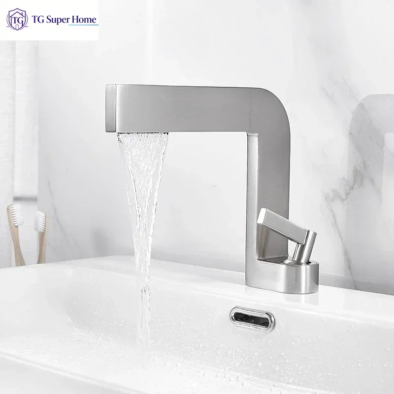 New Minimalist Style Bathroom Brass Single-Hole Basin Faucet with Deck Mount, Single-Hole Hot/Cold Water Faucet