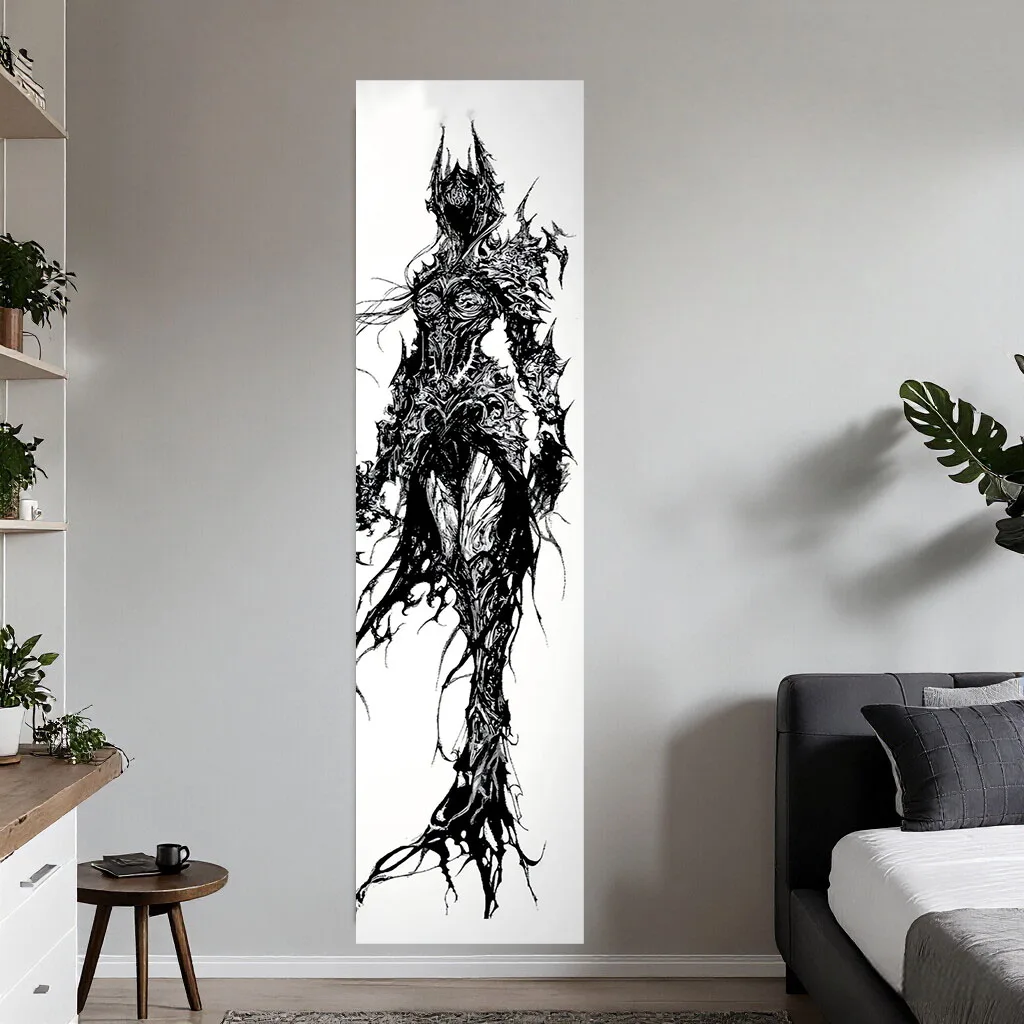 Dark Gothic Ink Sketch Demon Queen Tapestry Monochrome Thorn Creature Bedroom Dorm Occult Dark Aesthetic Room Decor Gift