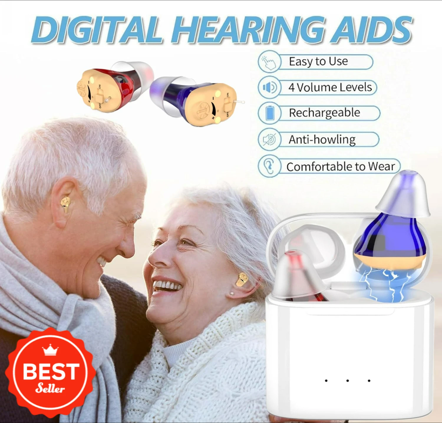 

Rechargeable Hearing Aids for Seniors with Noise Cancellation Invisible in The Ear Design 16 Channel Sound Amplification