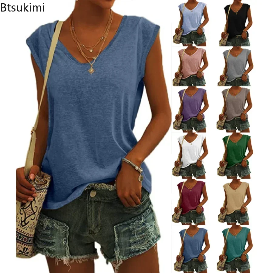 

New 2025 Women's Summer Casual Tank Top Solid Sleeveless Shirts Streetwear Soft Ladies Loose V Nekc Basic Tanks Vest Tops Female