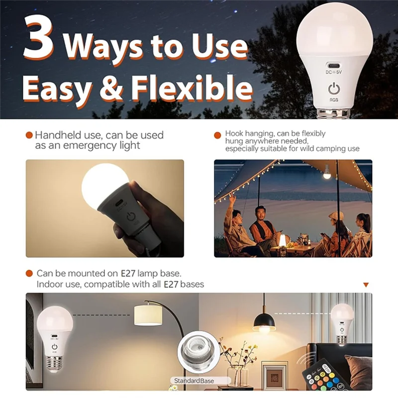 

Rechargeable Smart RGB USB LED Bulb-E27 Dimmable, Timing Function Cordless Battery Operated Light Bulb