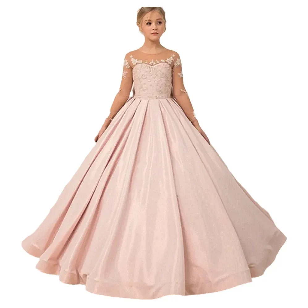 Rosa Blumen mädchen kleider mit Schleife, langem Tüll, Gold applikationen, Prinzessin Hochzeit Geburtstags feier kleid, Kinder wettbewerb Ballkleider