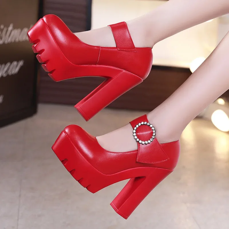 13cm Small Size Shallow Red White Wedding Shoes Thick Bottom Platform Pumps 2024 Fall Womens Block High Heels Shoes Model Party