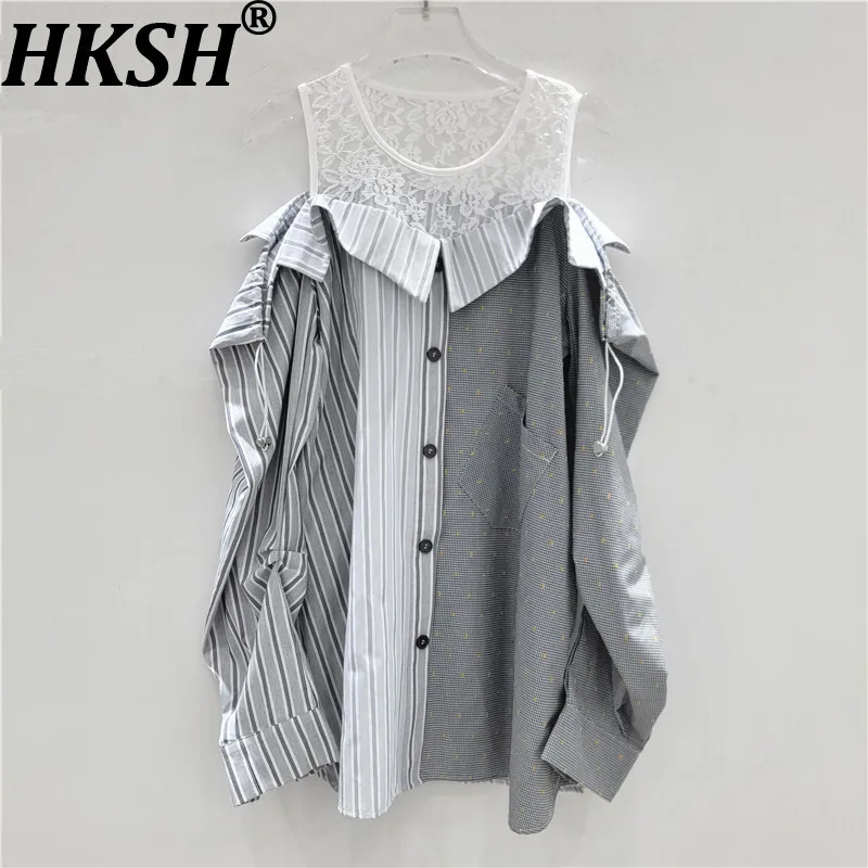

HKSH Summer New Women Chic Shirts Fake Two-Piece Off-Shoulder Lace Patchwork Striped Long Sleeved High Street Casual Tops HK8197