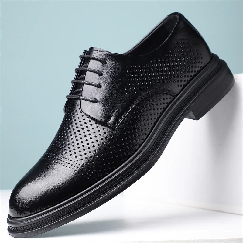 

Men's Summer Breathable Leather Shoes Hollow out Comfortable Business Formal Derby Shoes British Style Slip-On Footwear-SJ781-1