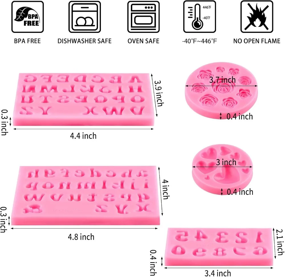 5 PCS Silicone Letter Molds, Non-Stick Number Heart Rose Flower Fondant Molds for Chocolate, Candy, Cake Decoration, Cupcake Topper view 2