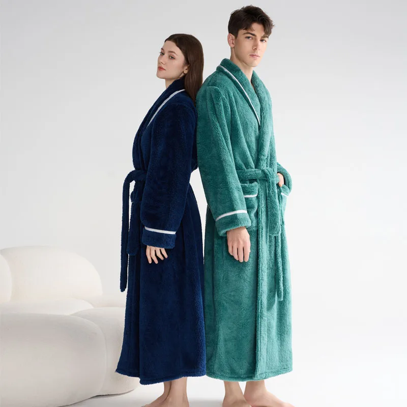 Winter Thicken Coupe Long Robe Pajamas Set Soft Warm Sleepwar LoungeWear Loose Coral Fleece Kimono Gown Bathrobe Homewear Pyjama