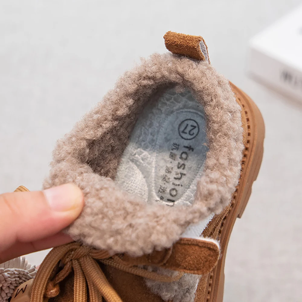 Faux Fur Winter Boots For Girls Vintage Children's Plush Boots Low Heel Elegant Lady Kid's Snow Boots Cotton Shoes For Girls